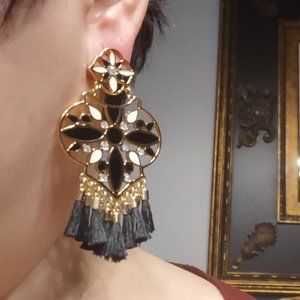 Kate Spade Gold-Tone, Black & White Enamel, Crystal & Tassel Earrings